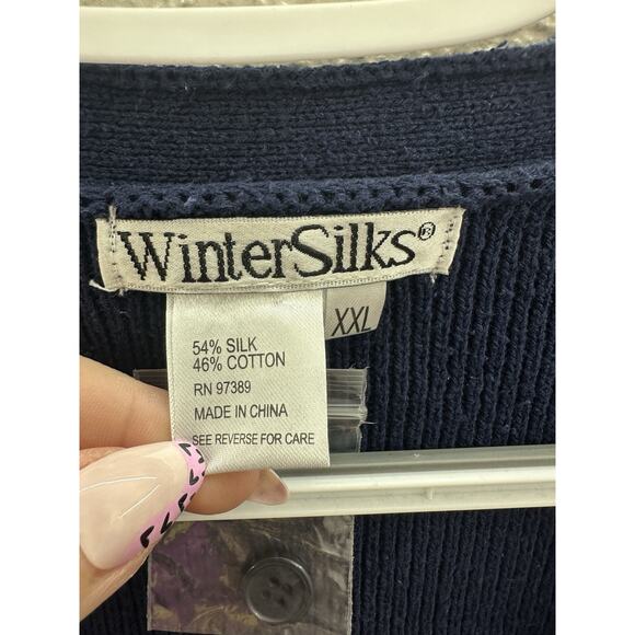 WinterSilks Womens Sweater Cardigan Size XXL Blue Knit Button Up Silk Cotton NWT - Picture 4 of 10